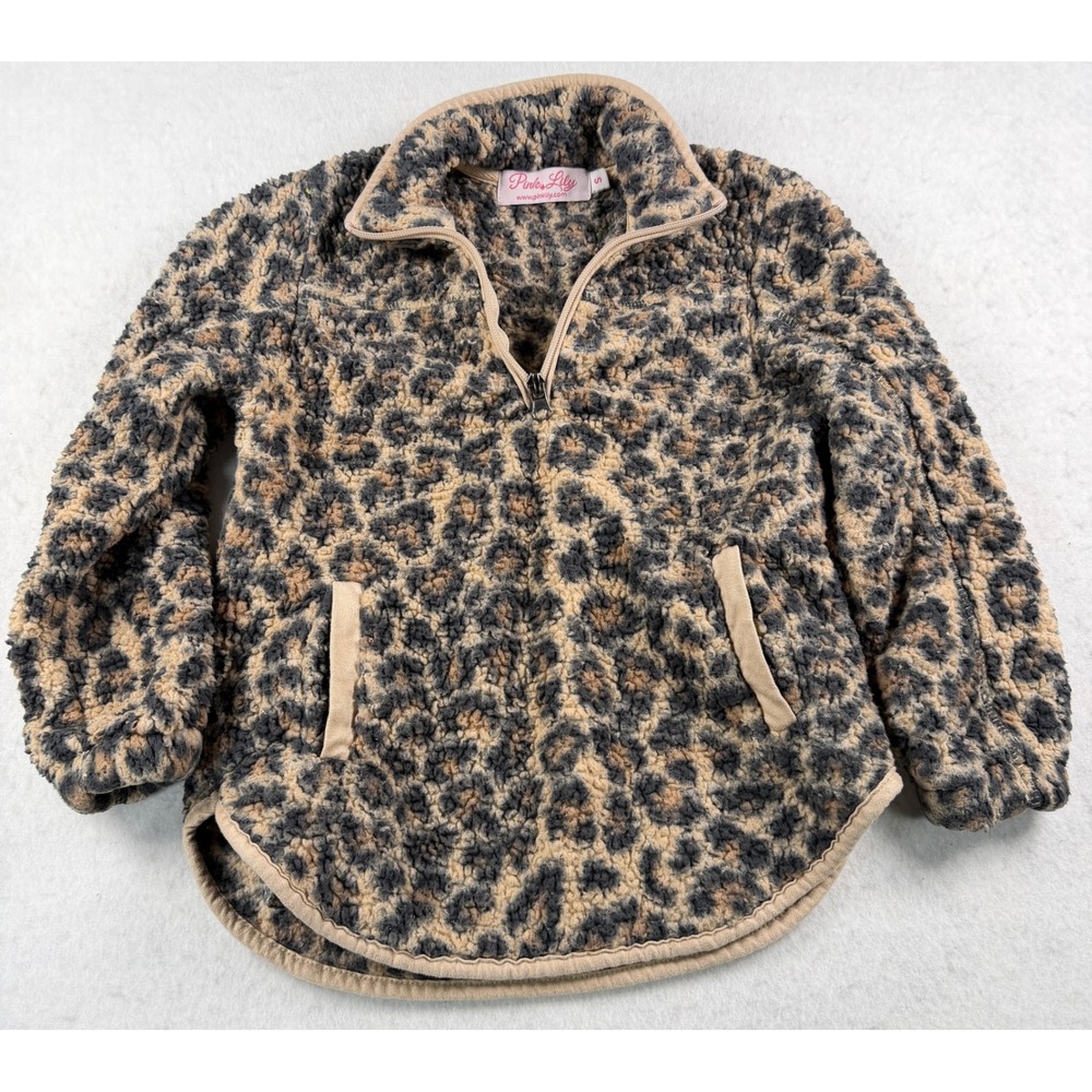 Pink Lily Girls Leopard Print Sherpa Quarter Zip Pullover Brown Size 5/6